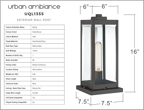 Miniatura 8 de Urban Ambiance Lujo y moderno poste para exteriores, luz de muelle, tamaño mediano: 16 pulgadas de alto x 7.5 pulgadas de ancho, con elementos de