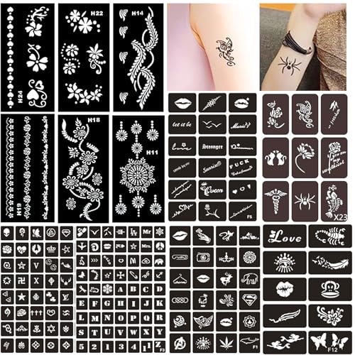 MKHTOQE 12 Sheets Henna Tattoo Stencil Kit – Reusable Mehndi Templates for Hands, Face, Ankles & Body – Temporary Tattoo Stickers for Bride, Women, Kids & Adults – Airbrush & Body Paint Supplies