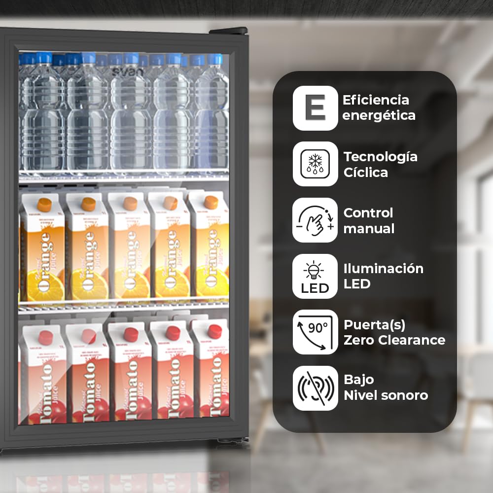 SVAN Frigorífico Refrigerador Horeca Negro SRH855500EN. Capacidad 115 Litros, Puerta Reversible, Bajo Nivel Sonoro, Eficiencia Energética Clase E