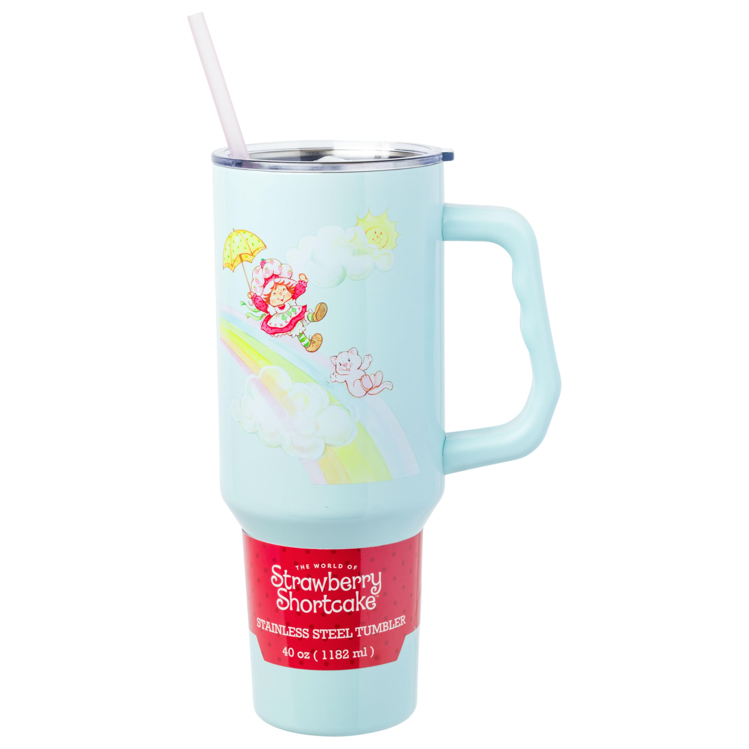 Silver Buffalo Strawberry Shortcake Rainbow Slide Stainless Steel Tumbler with Handle and Straw, Fits in Standard Cup Holder, 40 Ounces