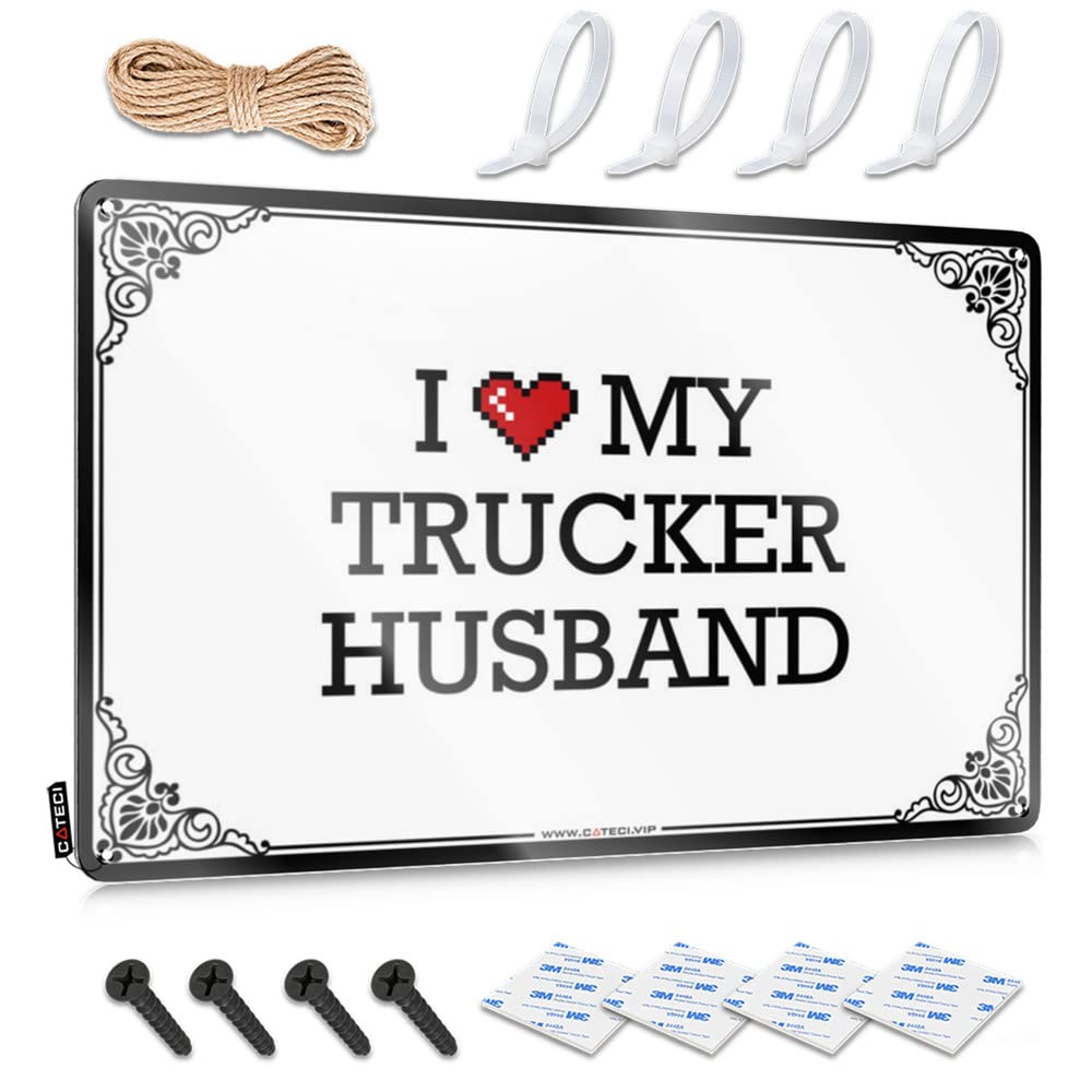 Tin Sign Nice Waterproof Artwork, Simple Retro Print For Cafe Pub Balcony | Basement Decor Pre-drilled Custom I Love My Trucker Husband(20X30CM)