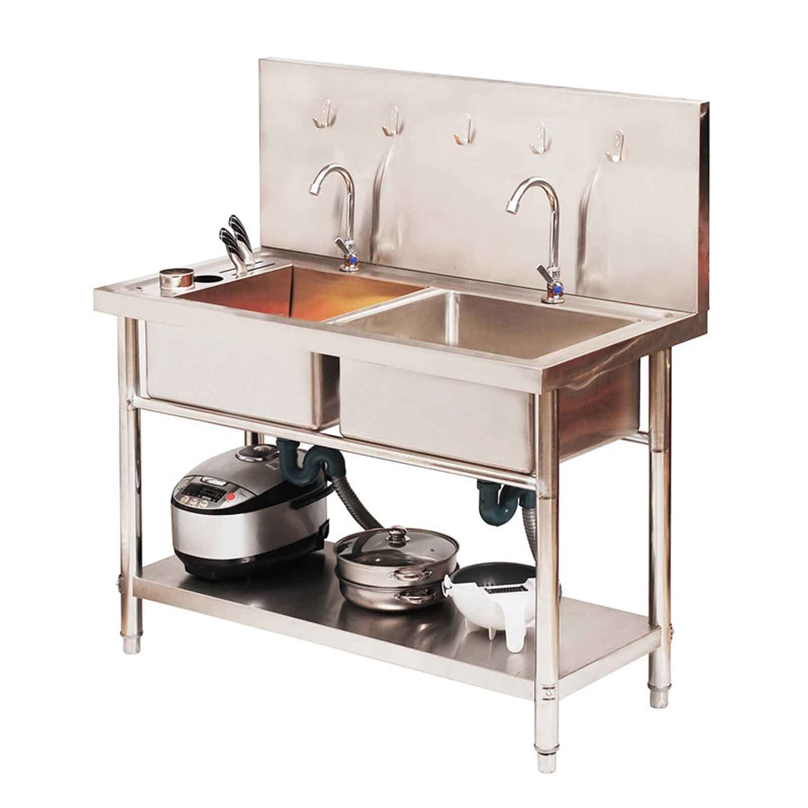 TreeSouth 2 Compartment Stainless Steel Commercial Kitchen Sink Wash basin with bracket Brushed stainless steel non-stick oil, with shelf, 100X50X80