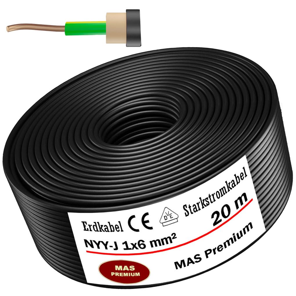 MAS Premium 5-100 m kabel ziemny NYY-J 1 x 4, 6, 10, 16 lub 25, kabel elektryczny OFC pierścień do układania na wolnym powietrzu, w ziemi (NYY-J 1 x 6 mm², 20 m)