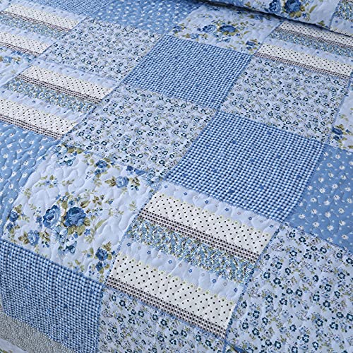Vinilite Soft Reversible Quilt Set Queen Size, 3 Piece Microfiber Checkered Patchwork Quilted Bedspread Coverlet Bedding Set For All Season With 2 Pillow Shams, Floral Pattern Stitching, Light Blue #TOP4
