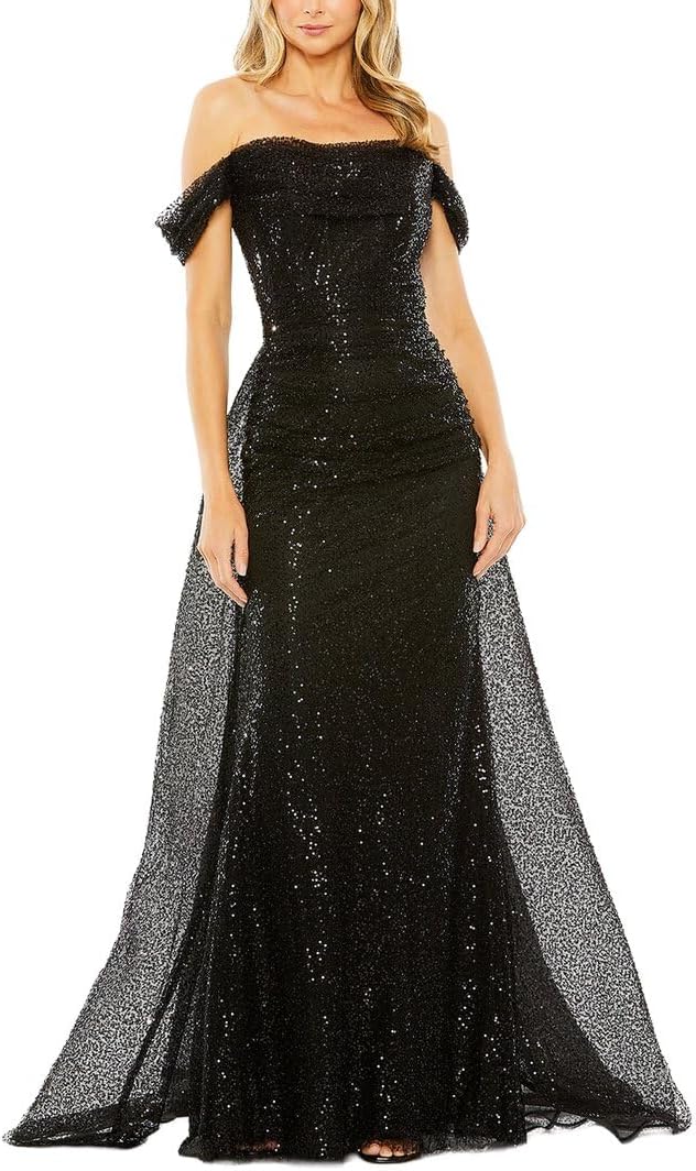 Sequin Train Gown with Off-the-Shoulder Neckline by Mac Duggal