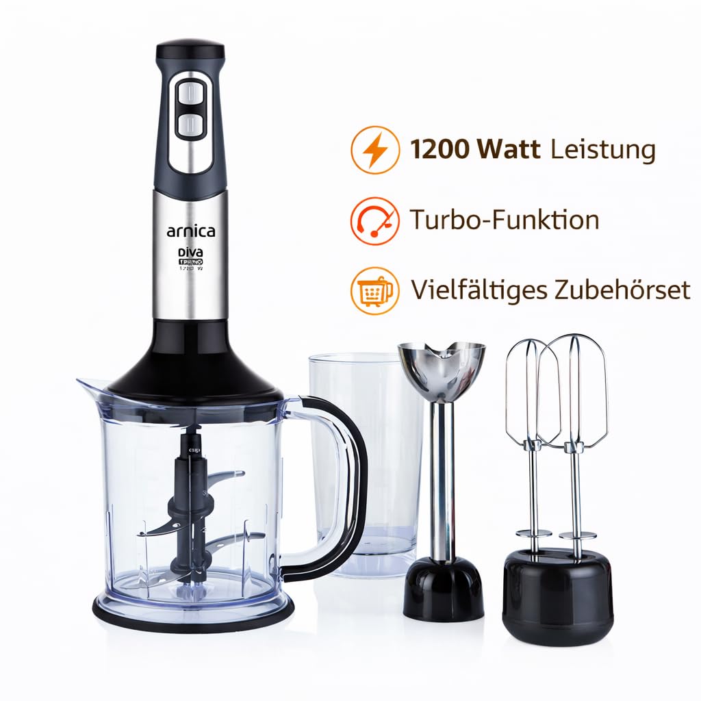 arnica Diva Trend Set Stabmixer - 1200W - Edelstahl Mixstab mit Zerkleinerer Schneebesen - Turbo Funktion – 1.2L Behälter - 600ml Messbecher