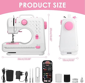 Mini Sewing Machine for Beginners, Small Stitching machines for adults, UK Plug,12 Stitches, Foot Pedal, Sewing Kits, Auto Bobbin, Two-speed, Reverse, Sew Buttons, Buttonholes, and zippers.