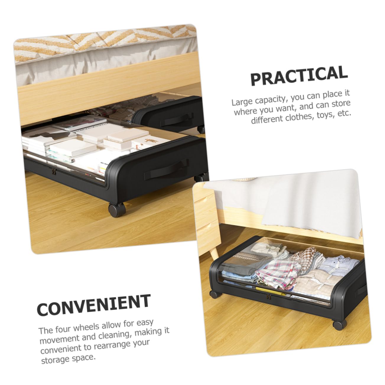 Alipis Scatola di Immagazzinaggio Sotto Letto Nera Coperchio Trasparente | Grande Capacità, Tessuto Non Tessuto, Ferro e Pvc, per Abiti e Coperte, Formato Compatto