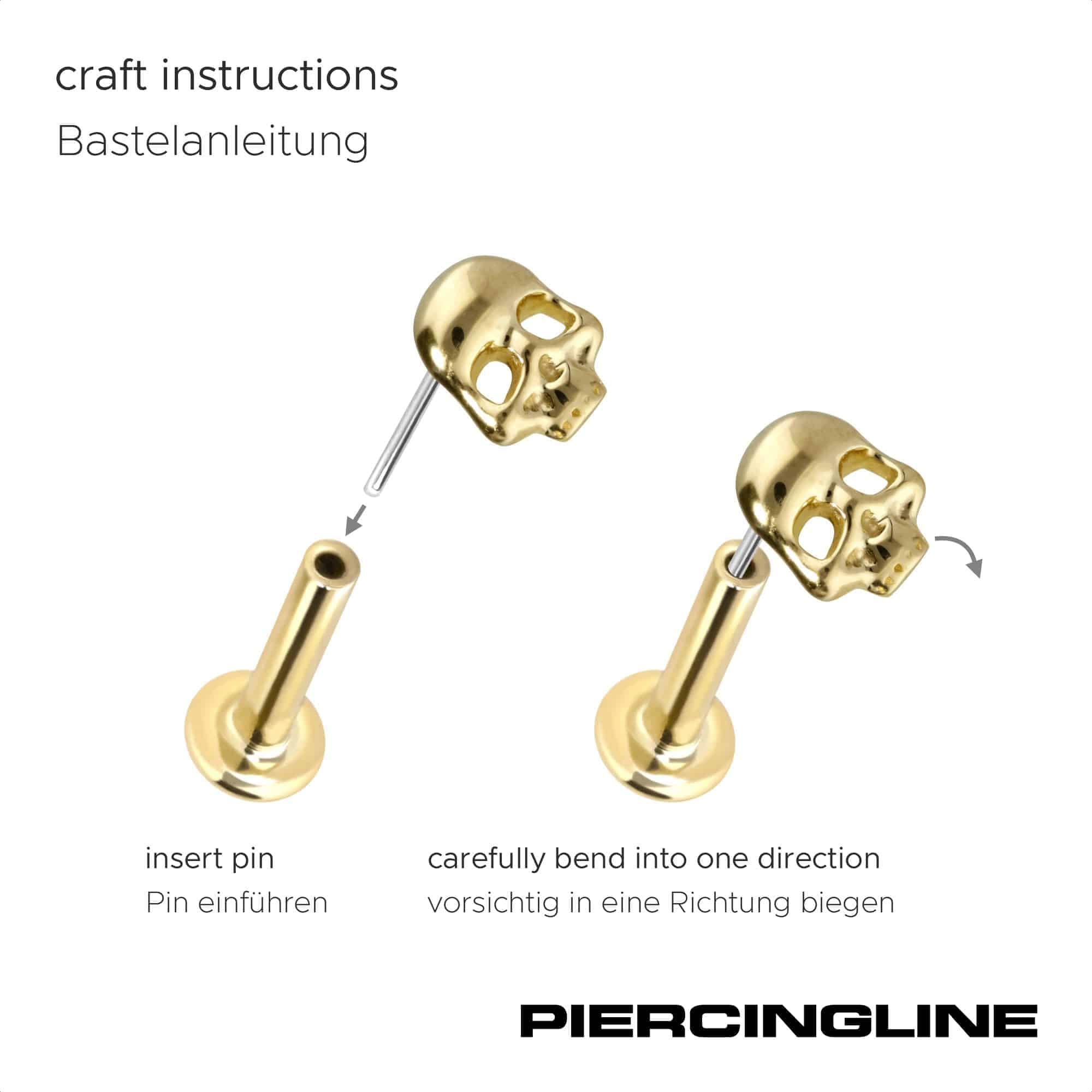 PIERCINGLINE Piercing Stecker 14 Gold Labret mit Push Fit TOTENKOPF 585er Gold - Roségoldfarben, Goldfarben, Silberfarben
