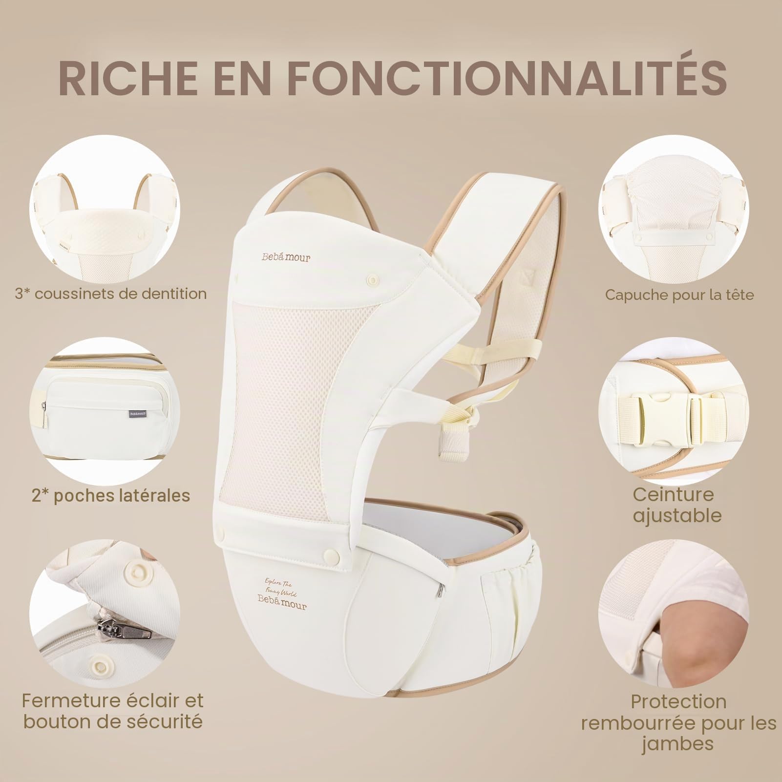 Bebamour Porte-bébé pour nouveau-nés et tout-petits Porte-bébé Hipseat 0-36 mois avec capuche, 3 coussinets de dentition, rallonge de taille, sac de rangement et étui à tétine,Beige