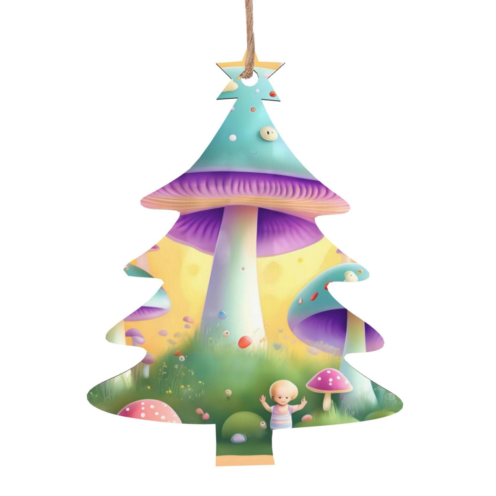 Fantasy Mushroom Printed Christmas Wooden Pendants, Simple and Environmentally Friendly, Holiday decorationsã€‚