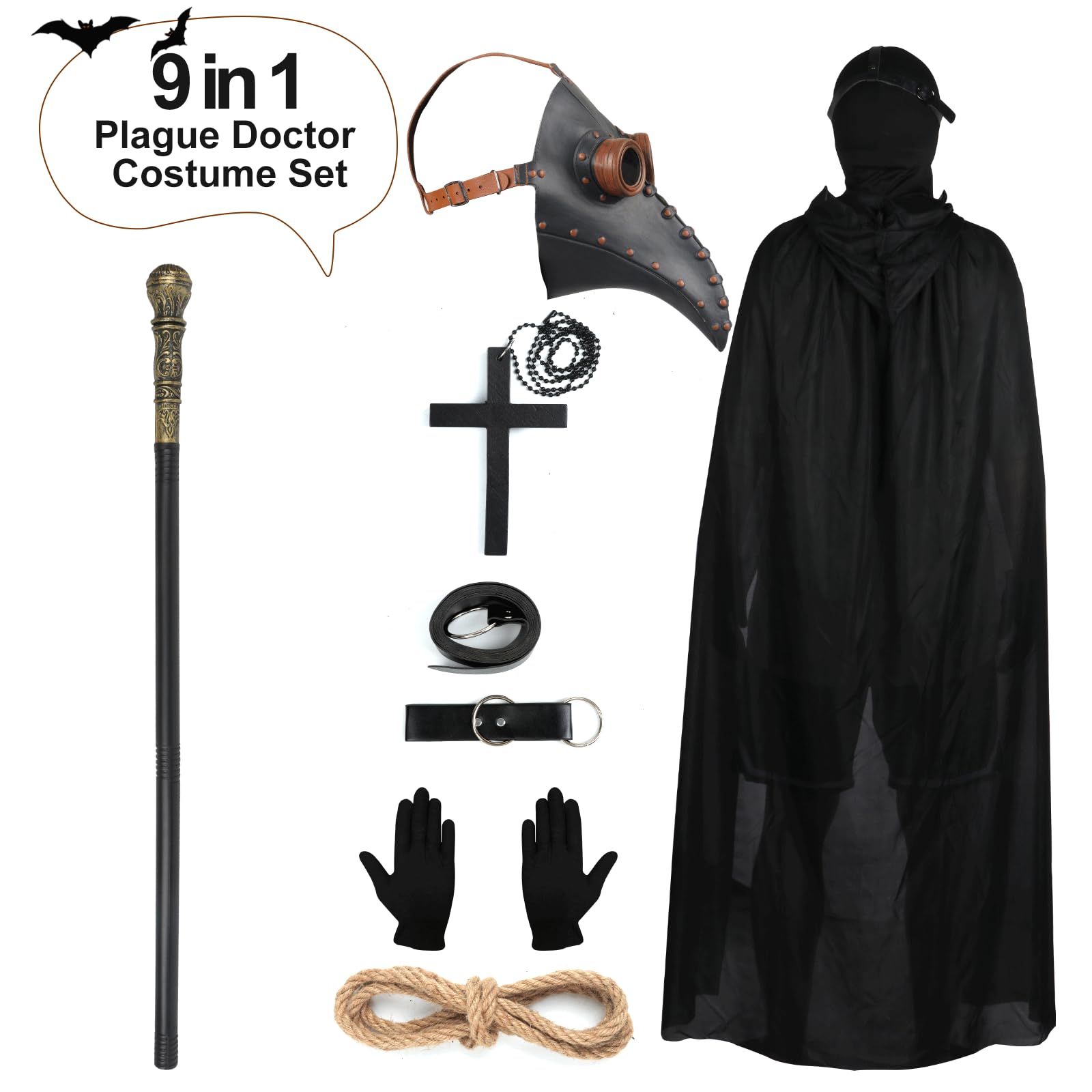 Halloween Props Costume Set, Retro Leather Bird Mask with Full Face Mask, Cane, Black Hooded Cloak, Gloves, Cross Necklace - Image 4