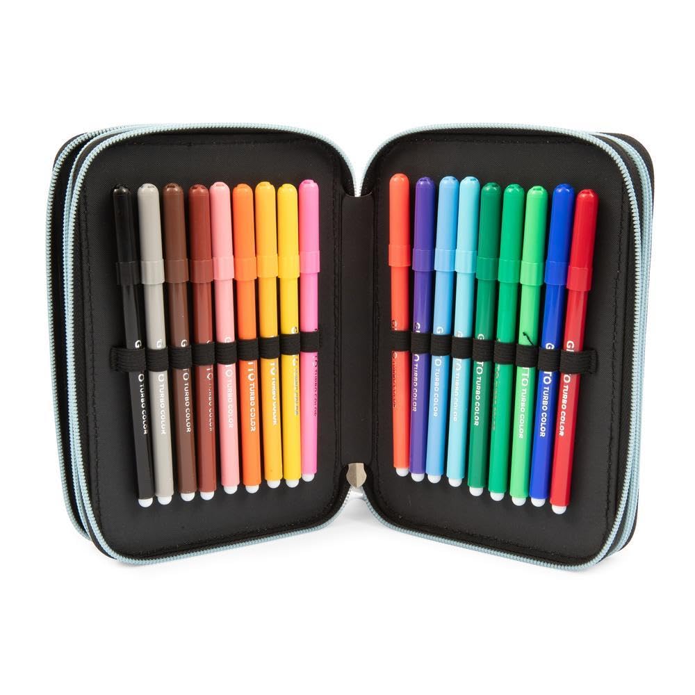 Go Pop - Astuccio Triplo Scuola Panderful Con 3 Zip E 3 Scomparti, Contiene 18 Matite Colorate, 18 Pennarelli e altri Pratici Oggetti per la Scuola,13 l x 19,5 h x 6,5 p