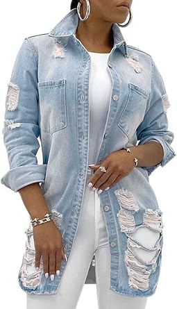 sexycherry Denim Jacket for Women Long Sleeve Classic Trucker Jeans Jackets Coat Outwear with Pocket