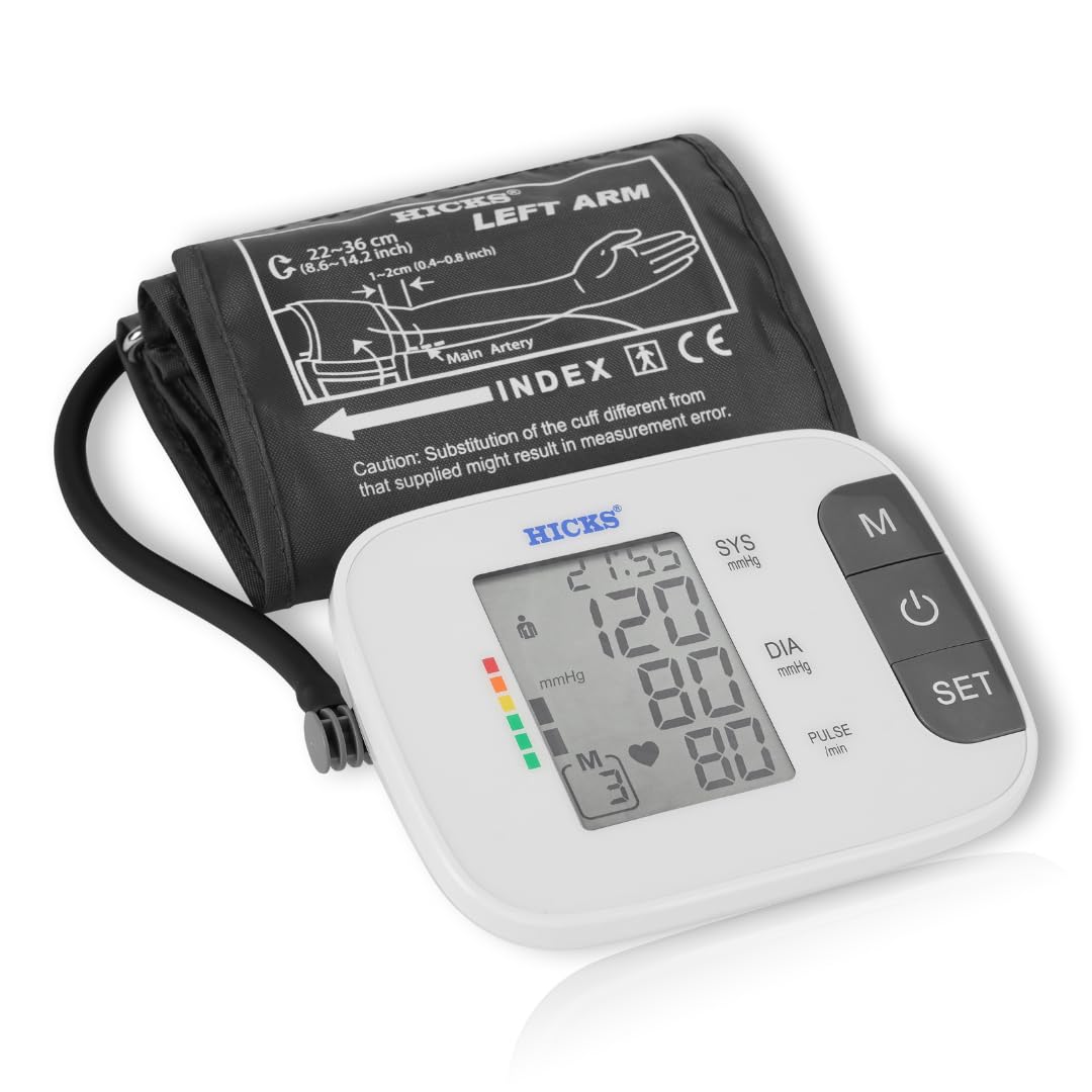 HICKS Automatic Arm BP Monitor Machine - WHO Indicator, Multi-User with 120 Reading Memory, Auto Pulse Measurement, Irregular Heartbeat Detection - Adjustable Cuff