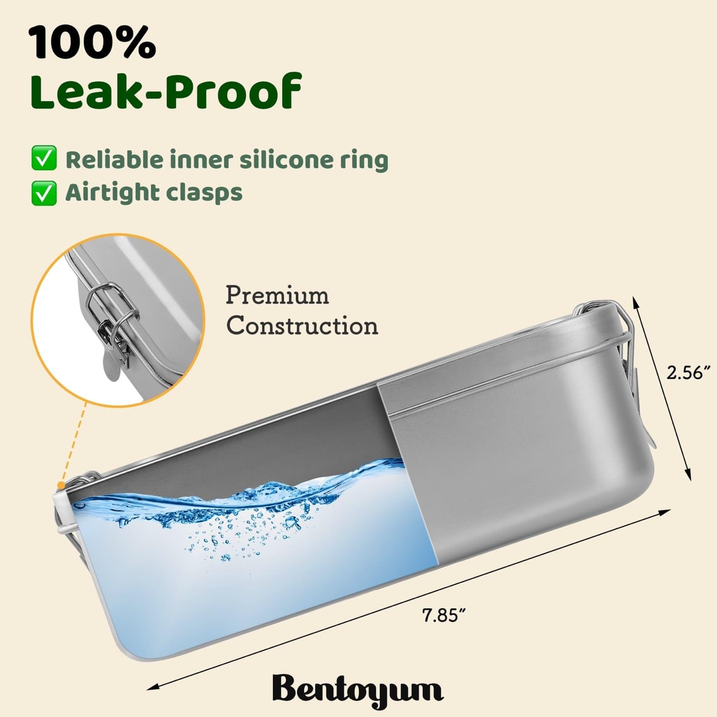 304 Stainless Steel Bento Lunch Box for Men & Women | 47 oz Leak-Proof 3 Compartment Metal Food Container with Lid & 2 Pots | Tiffin Snack & Sandwich Box for Adults | Dishwasher Safe