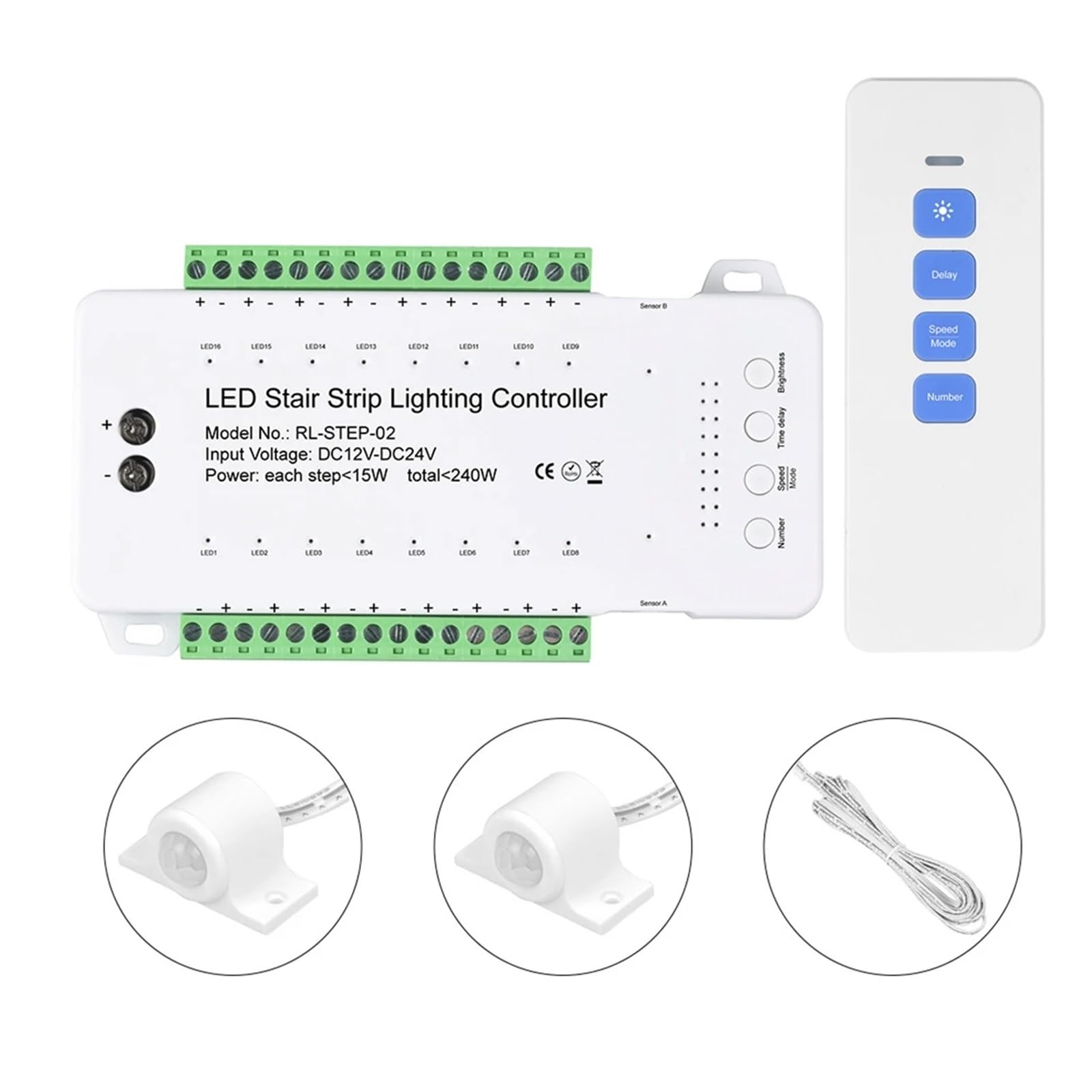 Controlador LED Regulable For Escaleras, 16 Canales, Sensor De Movimiento PIR Dual, Tira De Luz For Escalones, Controlador For Tira De Lámparas.
