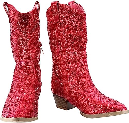 Forever Girls/Kids Rhinestone Western Cowgirl Cowboy Pointed Toe Low Heel Boots River-11K Red 114