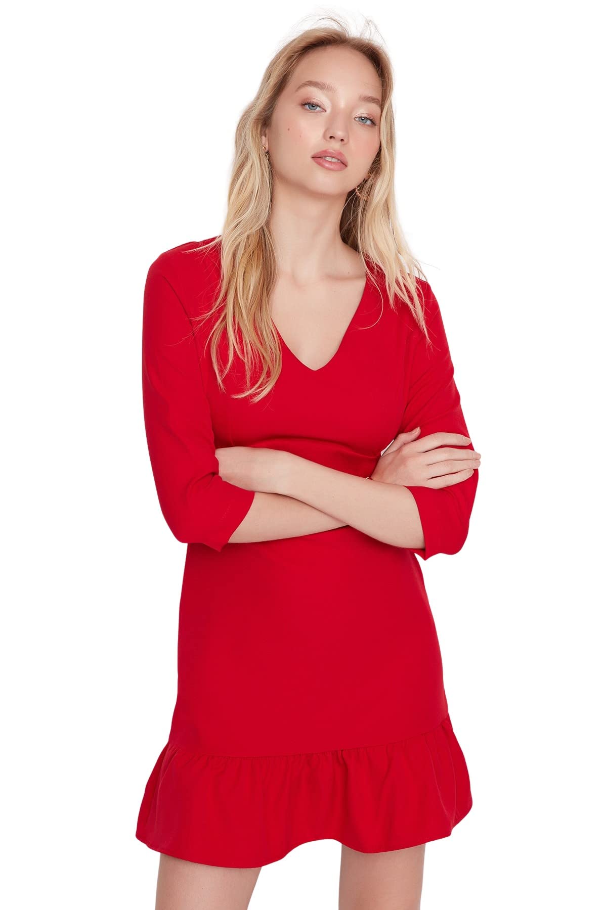 Trendyol Damen Regular Gerüschter Saum V-Ausschnitt Webstoff Kleid, Rot, 36