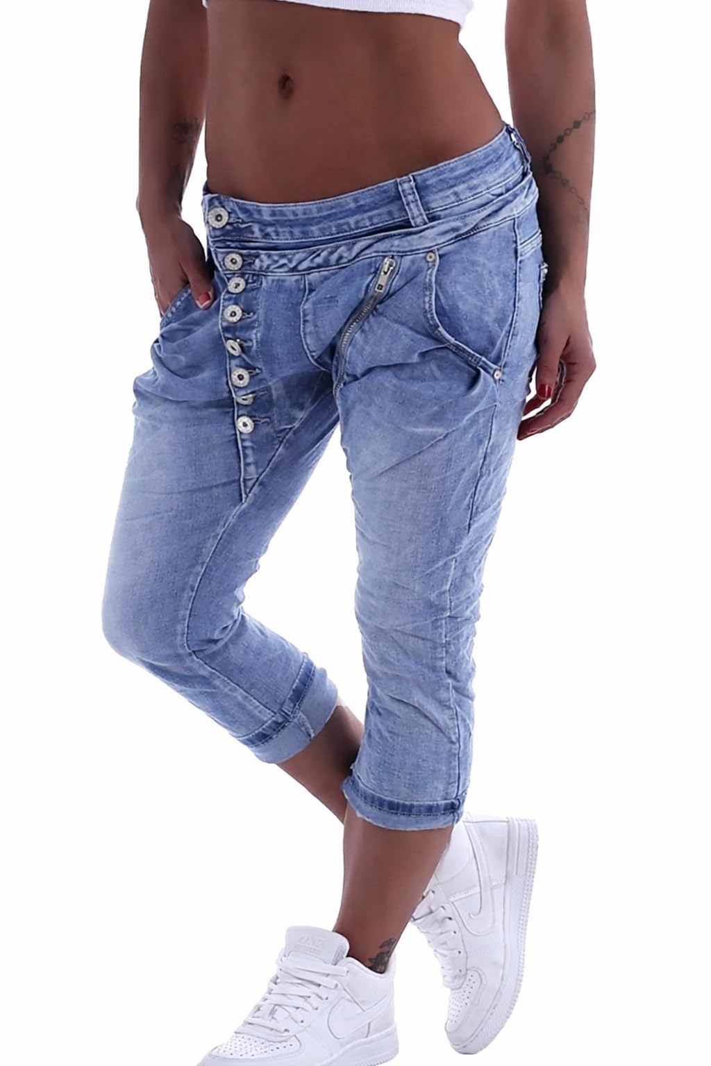 Mozzaar Damen Boyfriend Jeans Baggy Haremshose Caprihose Bermudas Kurz XS 34 S 36 M 38 L 40 XL 42