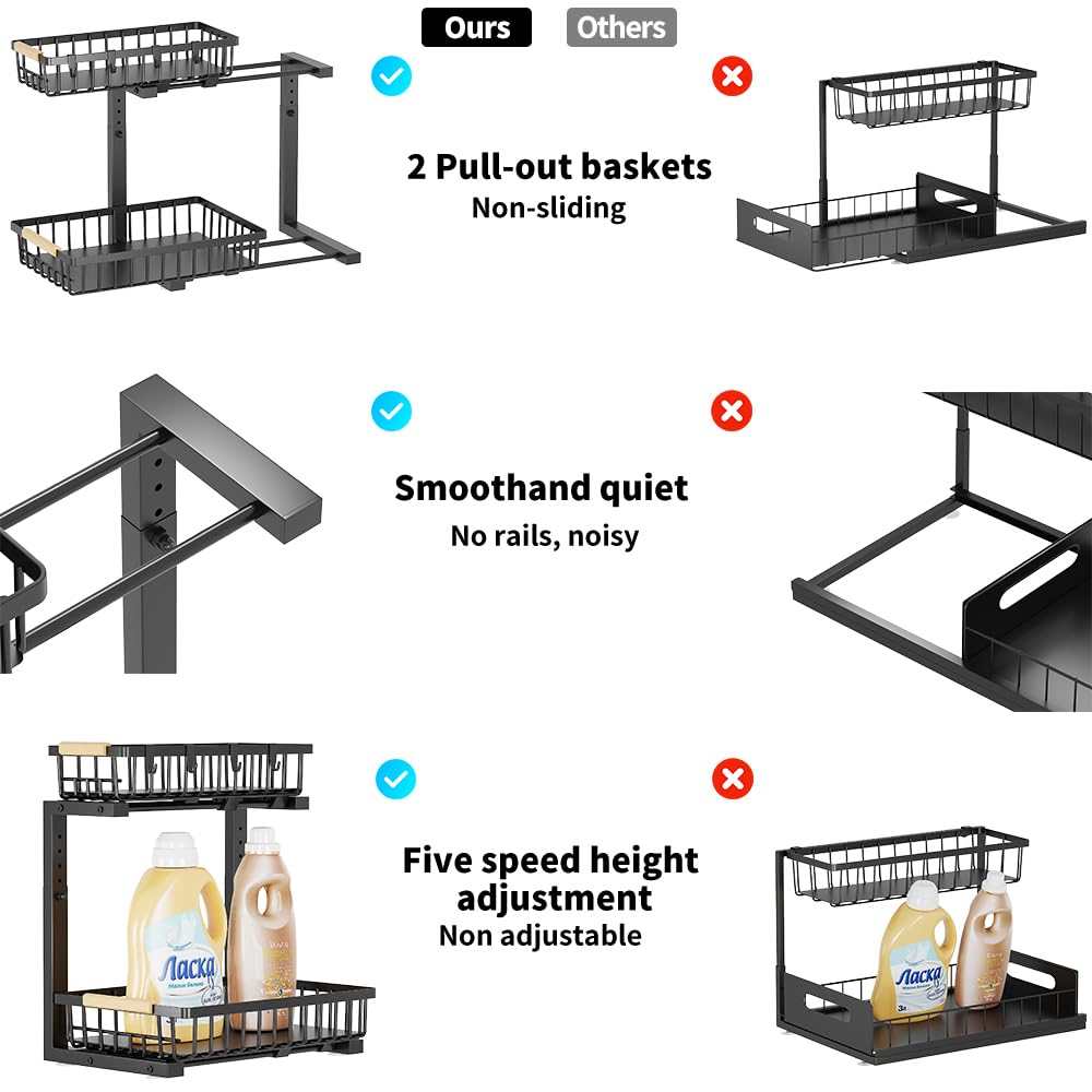 Organizador para debajo del fregadero, organizador de metal de 2 niveles para debajo del fregadero y almacenamiento, estante organizador de armario deslizante de altura ajustable para cocina,