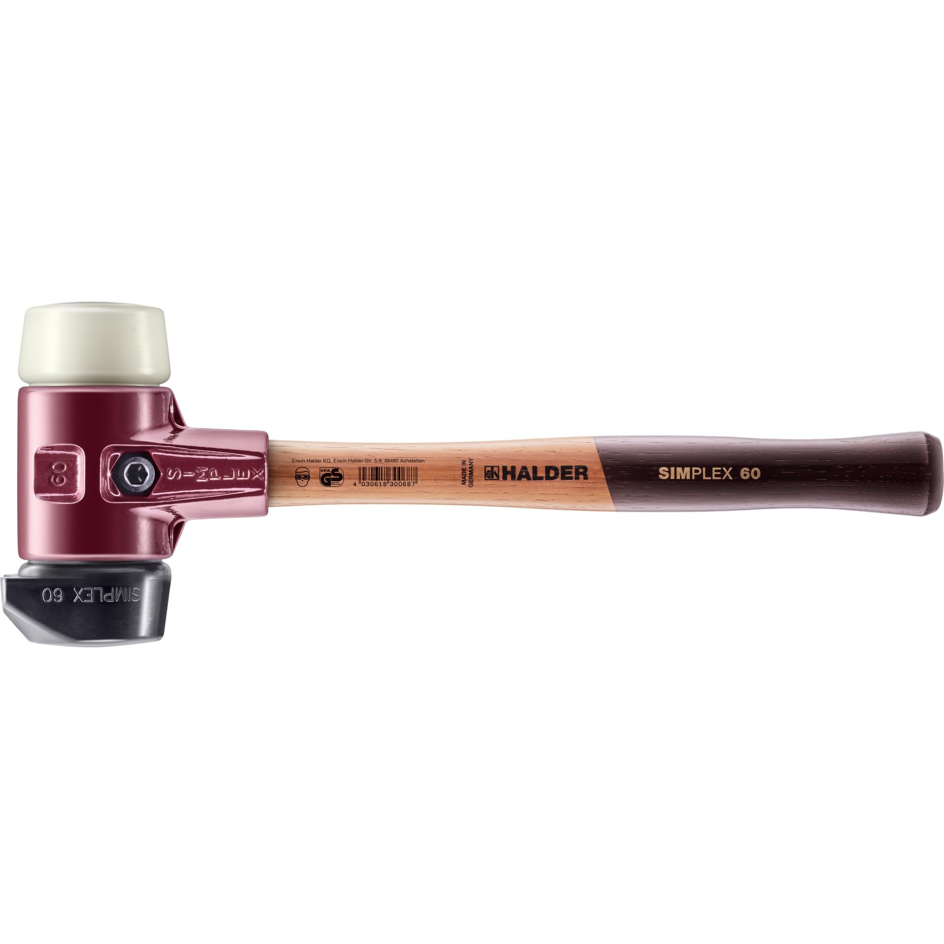 SIMPLEX-Schonhammer, Gummikomposition, mit Standfuß/Nylon; mit Tempergussgehäuse und hochwertigem Holzstiel | D=60 mm | 3028.260