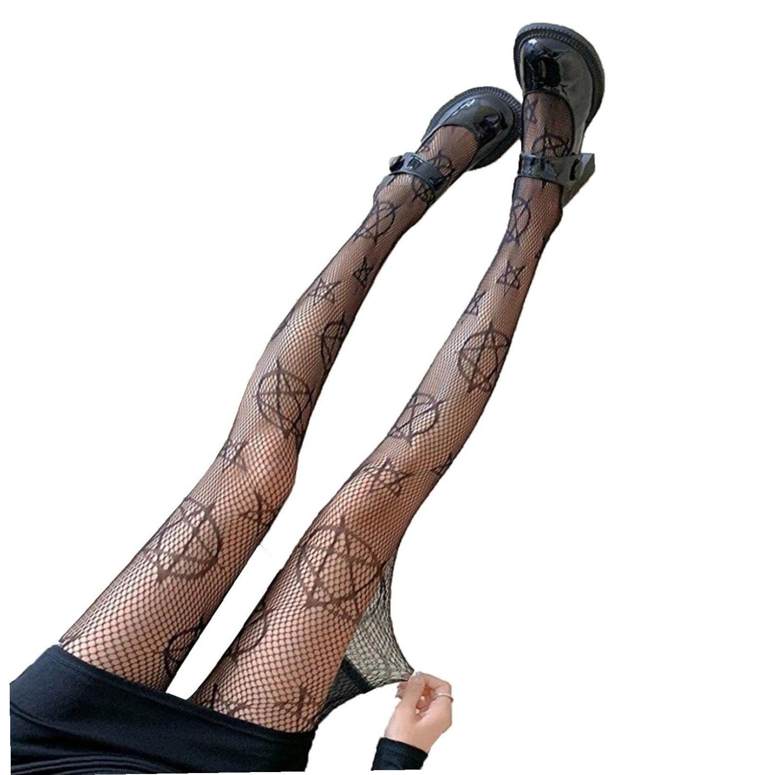 PiniceCore Women Fishnet Stockings Magic Pentagram High Waist Fishnet Pantyhose Tights Net Nylon Hosiery Stockings