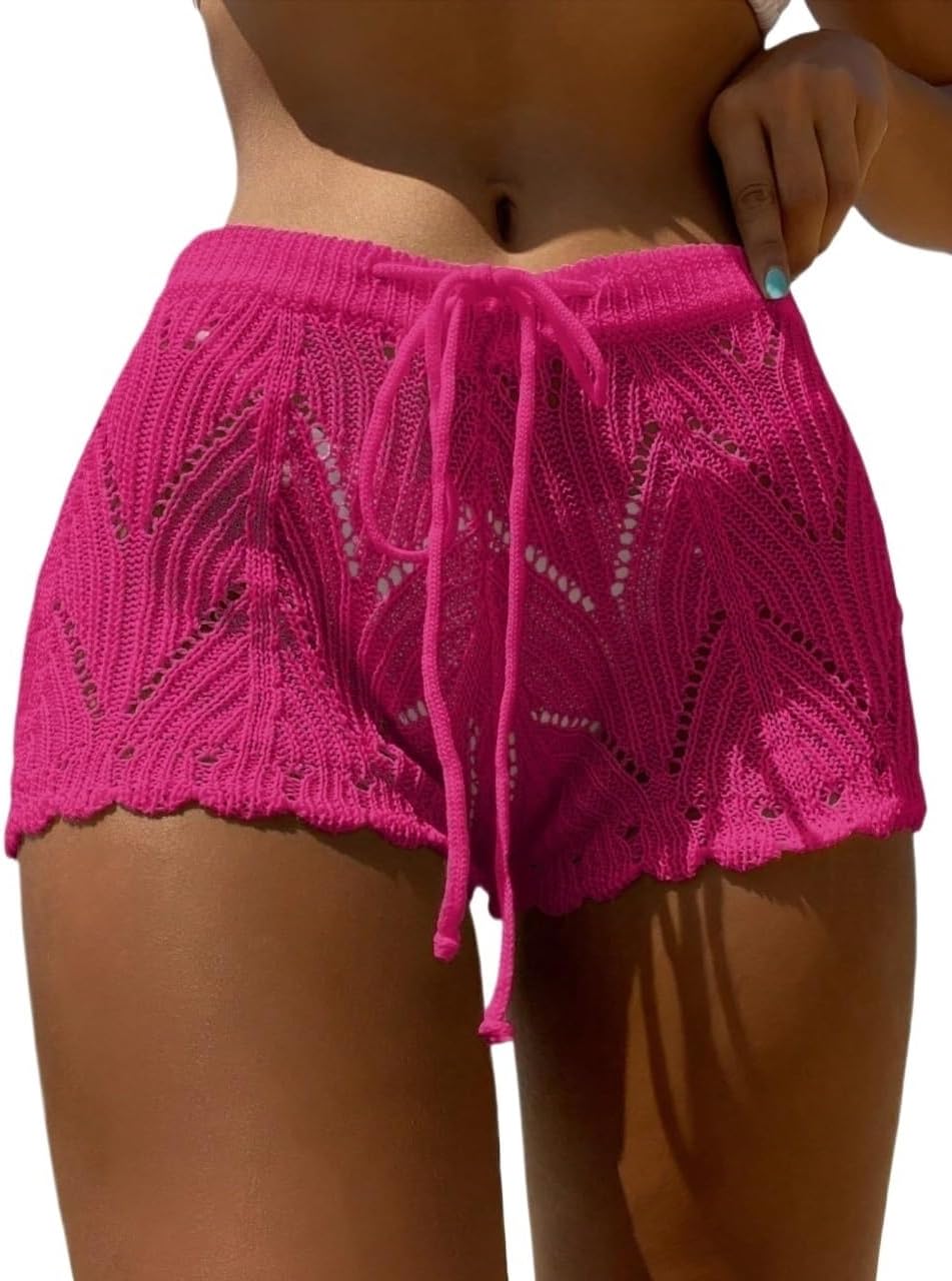Women's Solid Color Waist Tie Hollow Out Cover-Up Shorts cover ups for swimwear