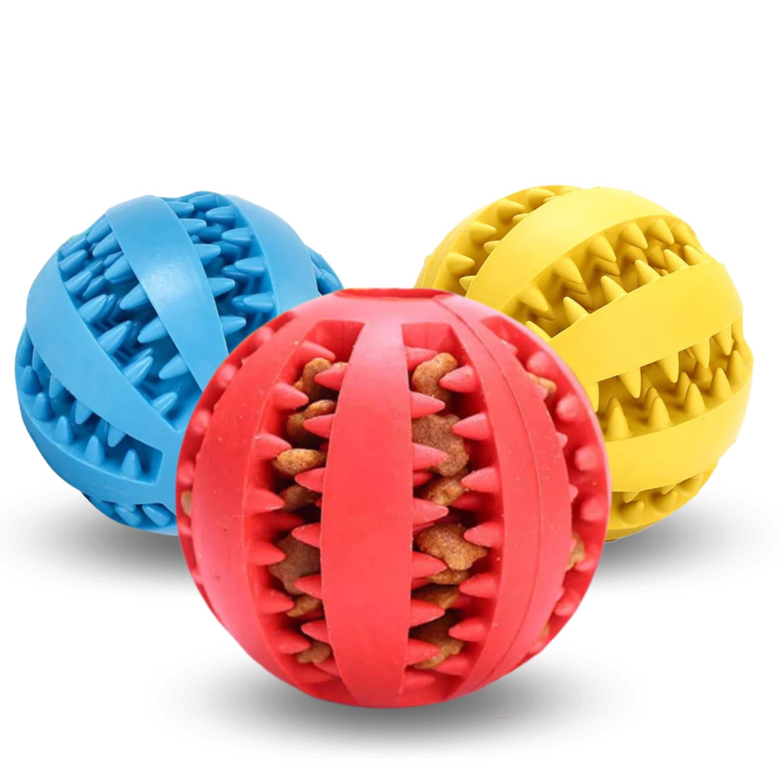 (Pack de 3) Pelota para perros; Juguete interactivo; Dispensadora de gominolas; Duradera y flexible; Fabricadas con goma natural; Ideal para Limpiar los Dientes; 5 cm; Color rojo, azul y amarillo