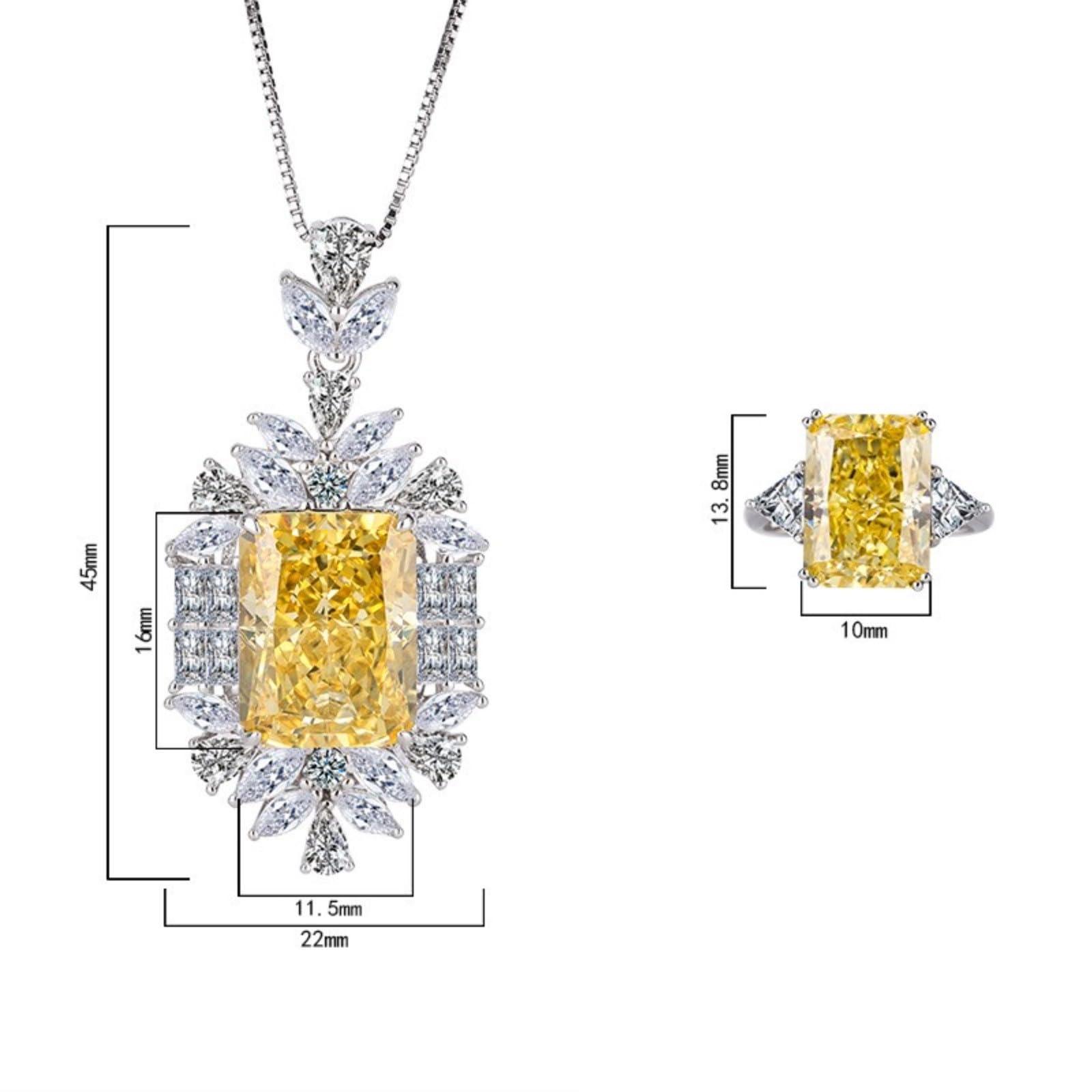 Juego de 2 piezas de joyería de boda amarillas para novia, dama de honor, collar con colgante de eslabones y anillos de tamaño 5-9, juego de joyas de diamantes de imitación de circonita cúbica