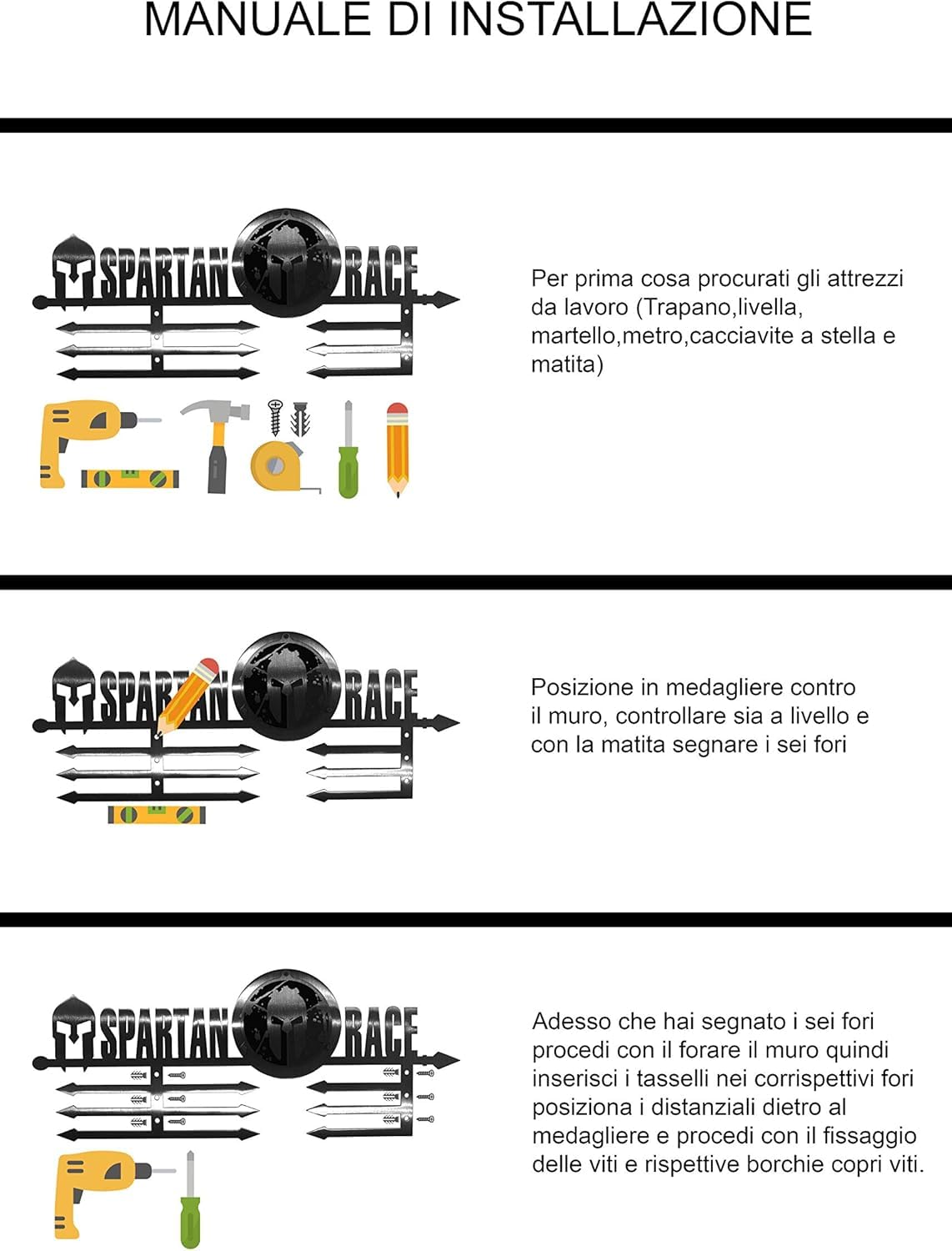 Medal Display da Parete Muro Porta Medaglie 2 Generazione Spartan Ocr Acciao Inox Spazzolato Trifecta Medal Hanger Gara Medaglia Nero Espositore RAK Supporto Gancio Kit
