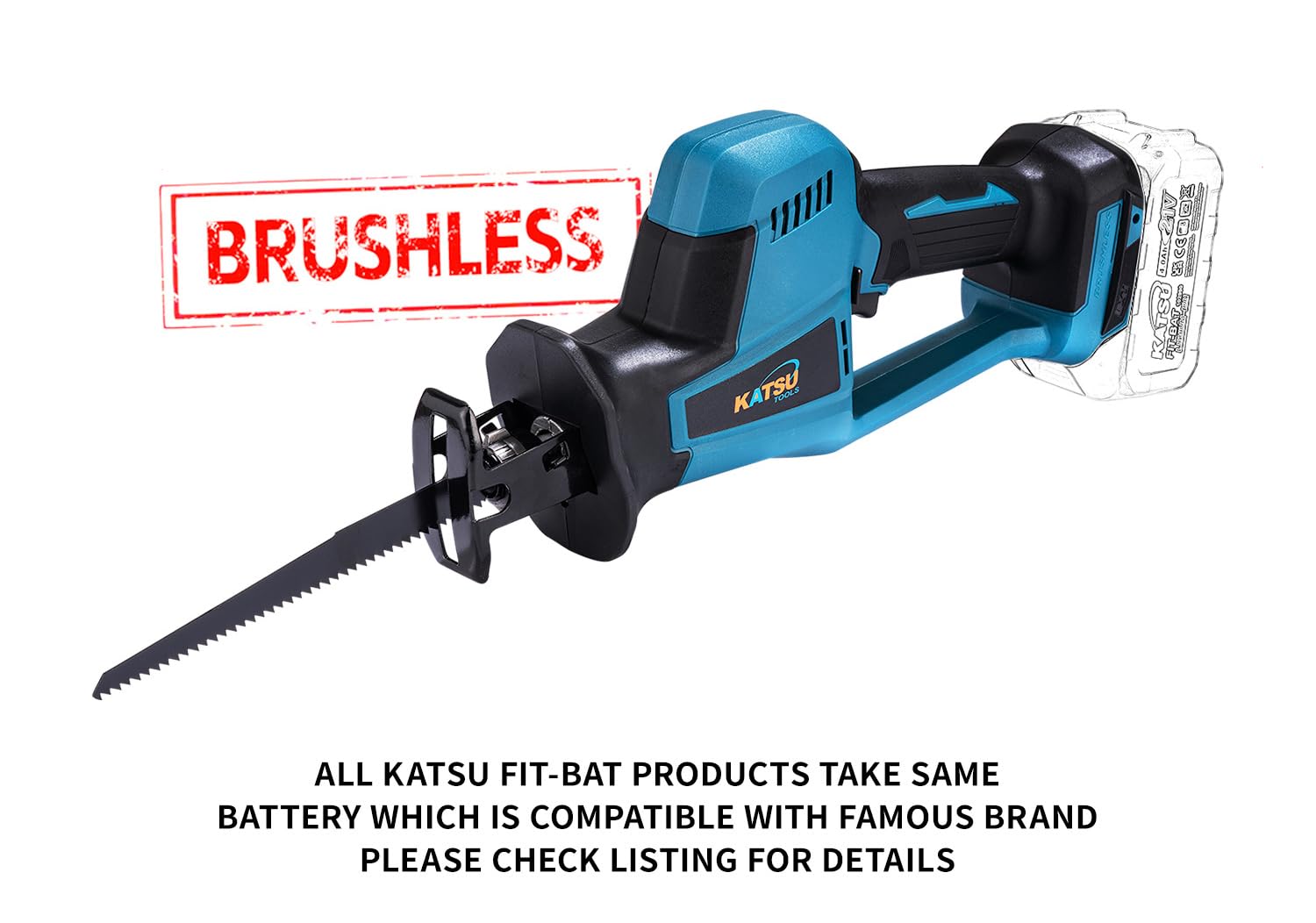 KATSU FIT-BAT - Sierra alternante inalámbrica profesional sin escobillas de 21 V, carrera de corte de 18 mm, cambio de hoja sin herramientas, mango en D, 4 cuchillas de presupuesto incluidas, sin
