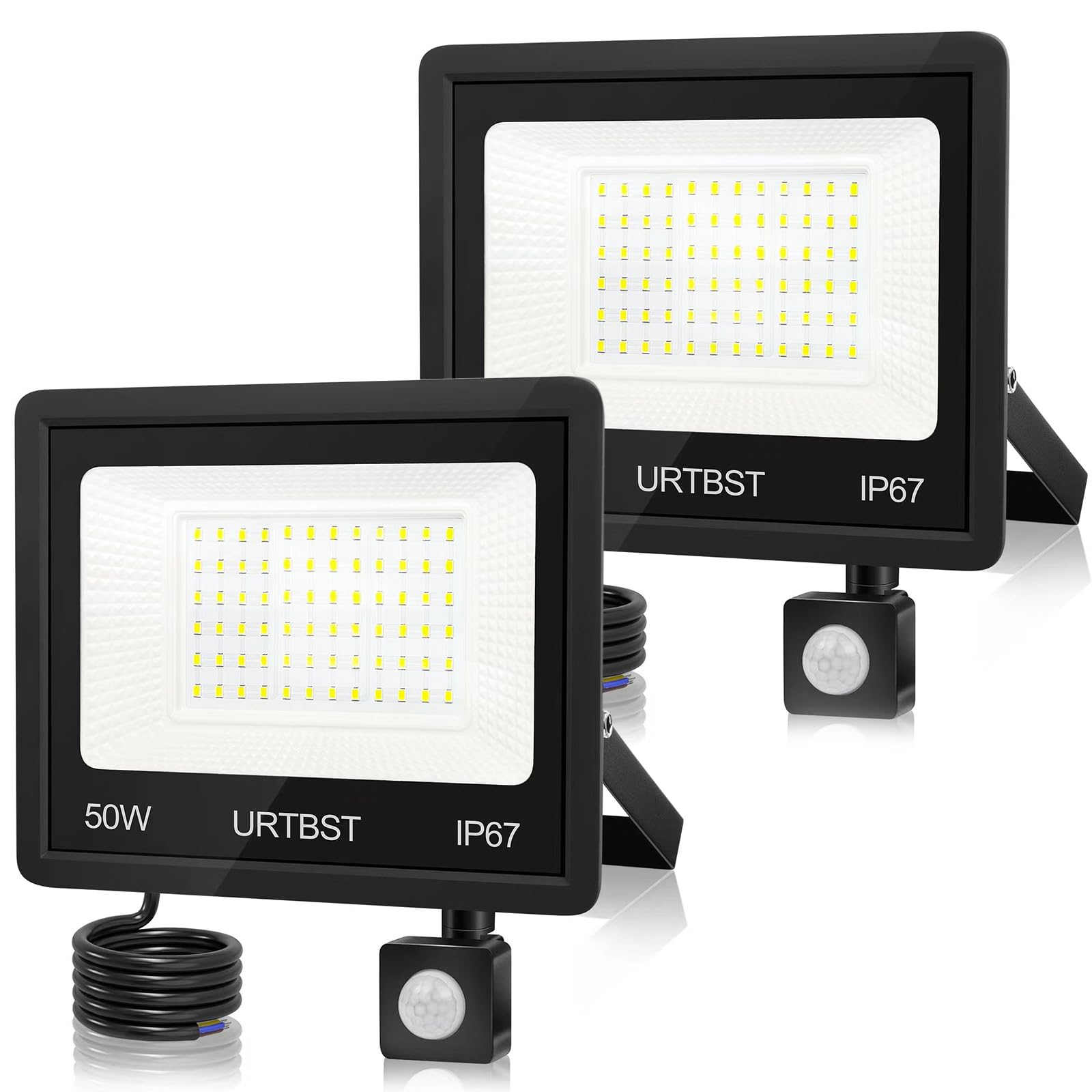 URTBST 50W 5000LM Outdoor LED Floodlight with Motion Sensor, IP67 Waterproof, 7000K Cool White for Garden (2 Pieces)