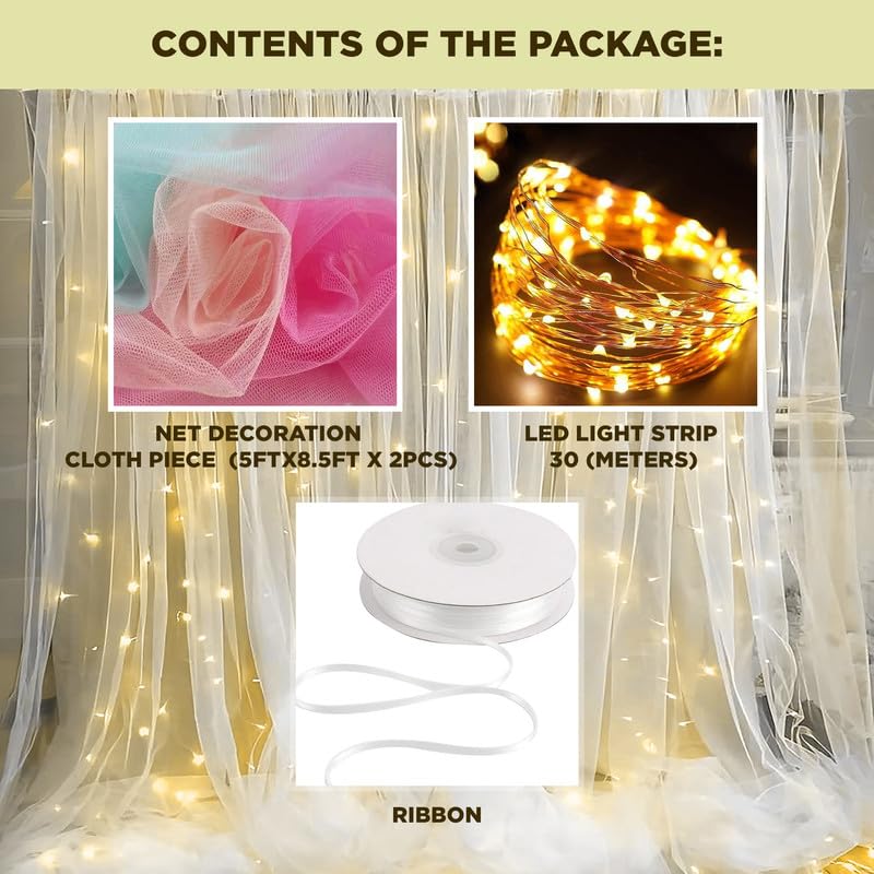 Selibration Beige Decoration Backdrop Net Hanging Curtain Cloth for Romantic Dinner & Birthday Parties Valentines Day Haldi & Mahndi Party with LED (Pack of 2 Pieces) 2