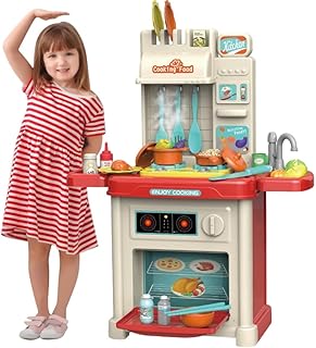 مجموعة مطبخ للعب الأطفال مع فرن وحوض وأواني واكسسوارات، لعبة طبخ تفاعلية باللونين الأحمر والأبيض