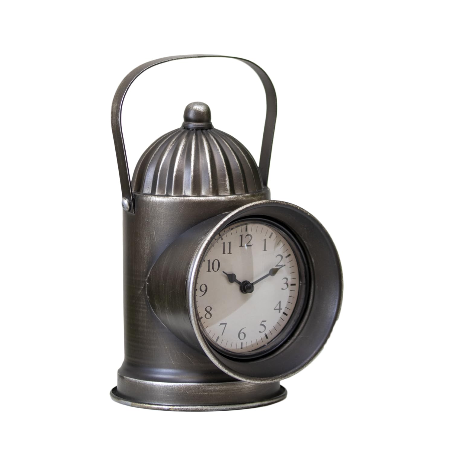Darthome Silver Railway Lamp Mantel Clock, Metal, Brushed Silver Finish, Battery Operated, Vintage Industrial Style, Arabic Numeral Dial, W14cm x H26cm x D18cm