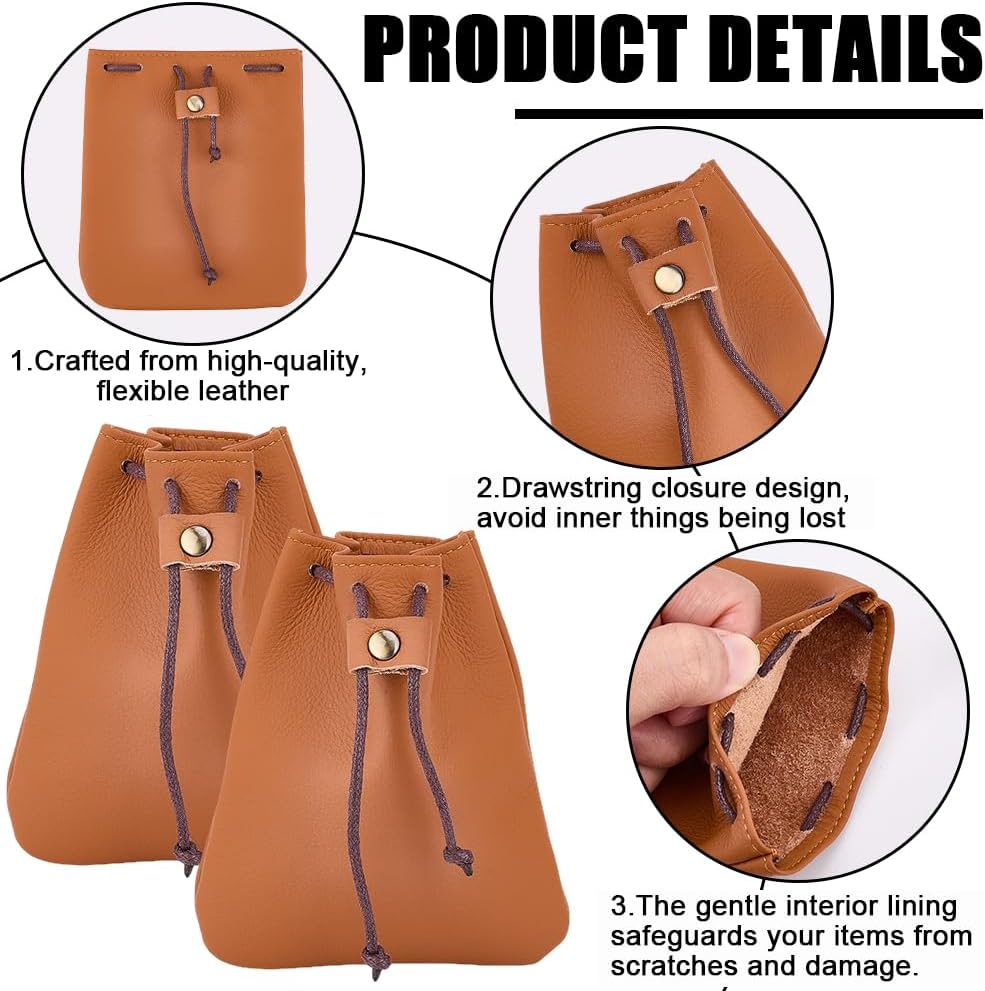 Beebeecraft 2Pcs Drawstring Leather Coin Pouches, 4.7x3.9in Cowhide Leather Pouch Sandy Brown Waterproof Medieval Money Bags Dice Purse Wallet Change Storage Organizer for Jewellery Women Mens Gift