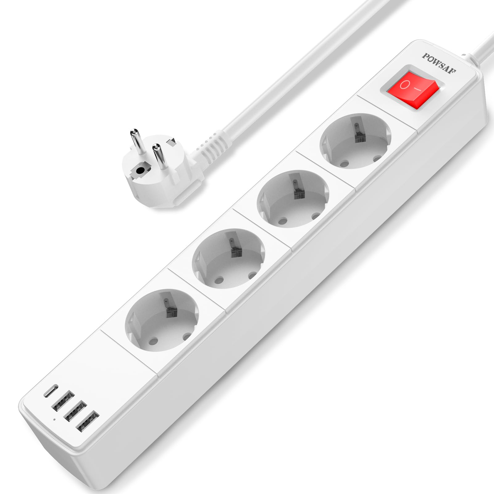 POWSAF 4-Fach Steckdosenleiste mit 4 USB-Anschlüssen, Max. 4000W und 16A, Mit USB-C-Steckdose, Wandmontage, Schalter, für Smartphones, Laptops, Weiß