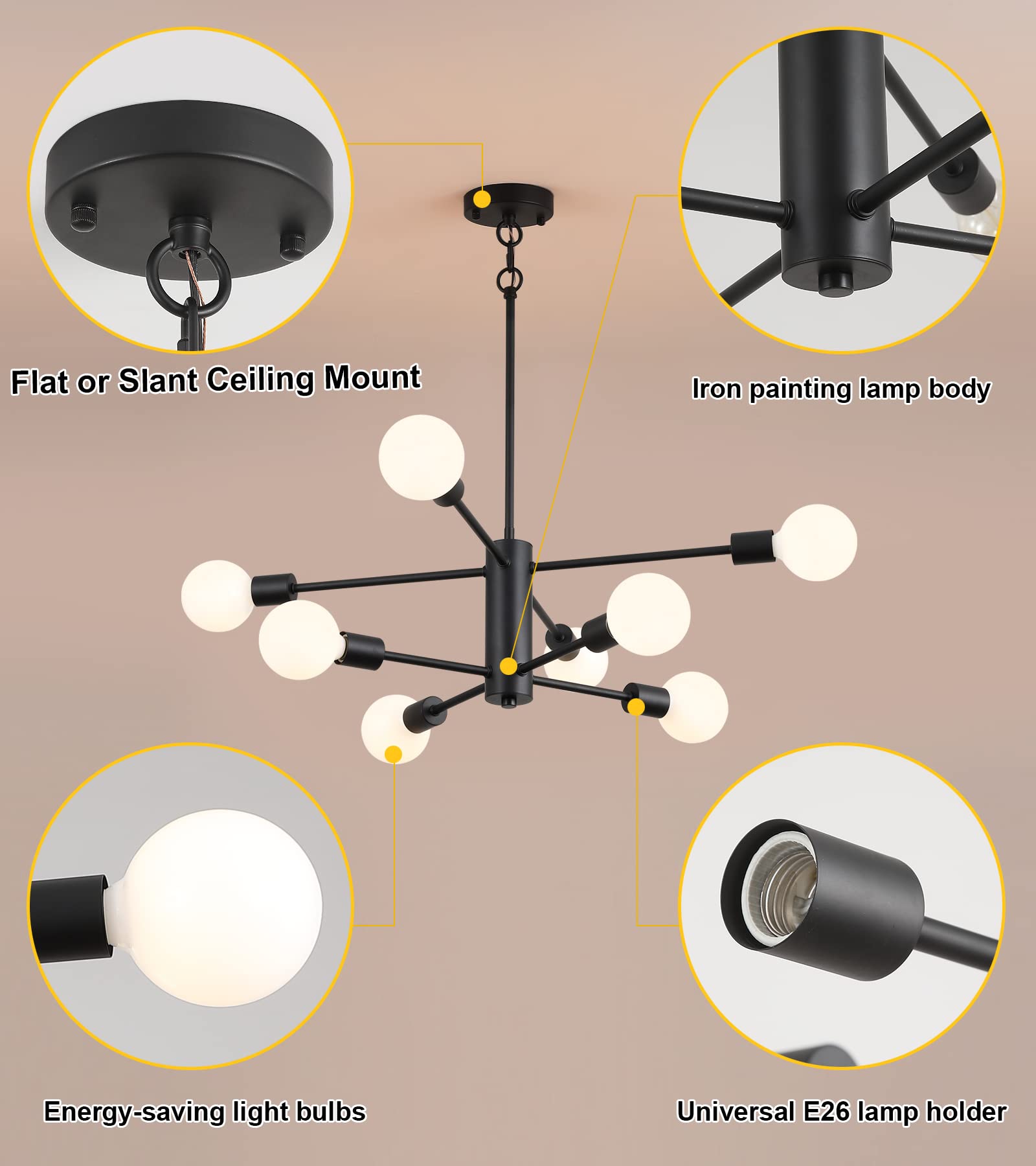 AMZASA Modern Sputnik Chandelier 8 Light Black Farmhouse Mid Century Modern Light Fixture Hanging Pendant Light Fixture for Dining Room Bedroom Living Room Kitchen Foyer UL Listed