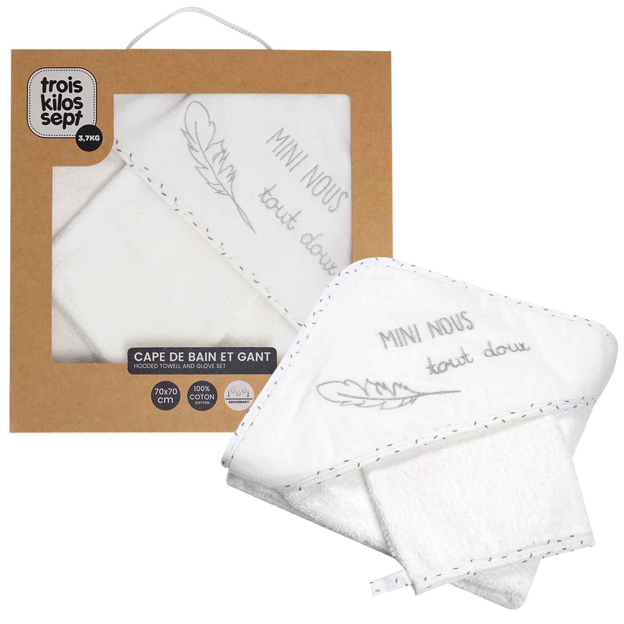 Set De Bain Bébé Trois Kilos Sept - Cape à Capuche + Gant Assorti - Blanc, 70x70 Cm, Ultra Doux Et Absorbant - Idéal Cadeau Naissance