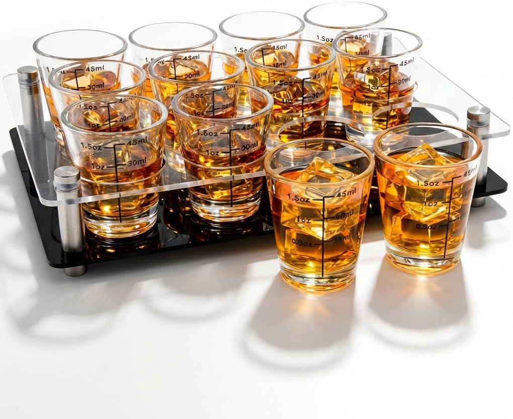 12 Pack 1.5 OZ Shot Glasses Bulk with Heavy Base, Clear Measuring Shot Glasses Set for Vodka Tequila Whiskey Liquor (with Tray)