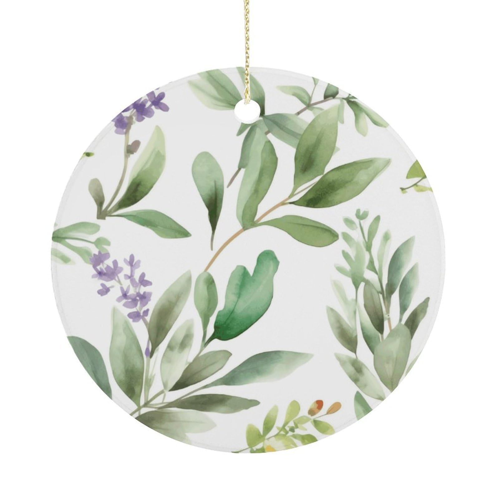 Green Flower Watercolor Herb Sage Leaves and Branches1 Christmas Ornament,Round Ceramic Ornaments Personalized Christmas Tree Ornament for Holiday Porcelain Keepsake Gifts Ideas Home Decor