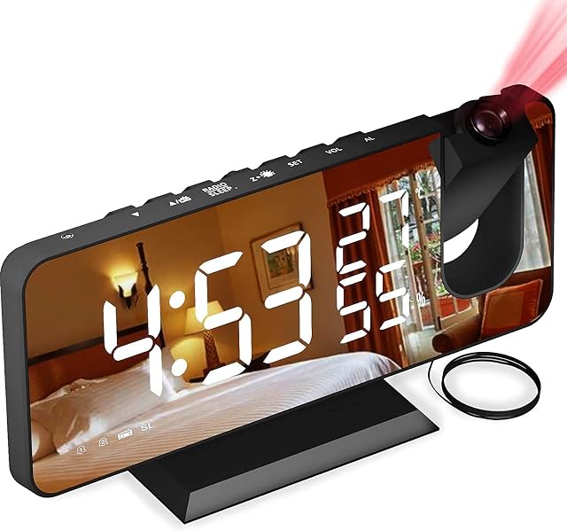 Aikove Projection Alarm Clock, Alarm Clocks Bedside with FM Radio, Digital Clock with USB Charging Port, Snooze, 7 "LED Mirror Display, 4 Adjustable Brightness, Clocks for Bedrooms, Home, Office