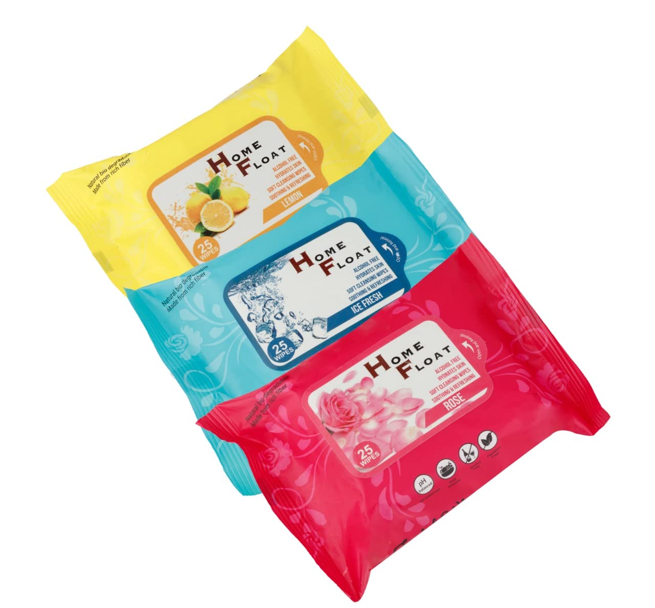 Home Float Soft Moisturizing Wet Wipes for Adults, Cleansing, Soothing & Refreshing Facial Wet Tissue Wipes-Alcohol Free-Paraben Free- 25 Wipes Each-Rose, Ice Fresh & Lemon-Pack of 3