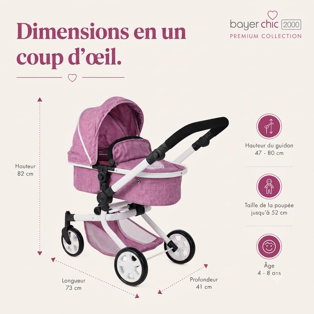Bayer Chic 2000 Poussette poupée Mika 2 en 1 Pliable et réglable | Poussette poupée 2 en 1 pliable avec poignée réglable (47-80 cm), pour poupées jusqu'à 52 cm.