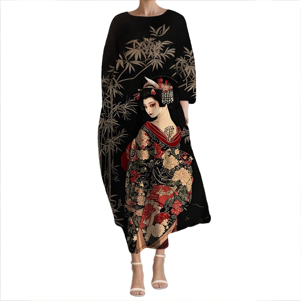 2025 Japanese Art Midi Dresses for Women Vintage Flowy Boho Dress Pleated Casual Crewneck 3/4 Sleeve Dress Loose Fit Summer Dresses Japanese Art XL