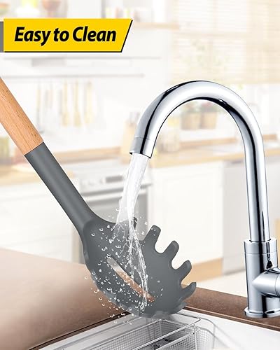 Miniatura 5 de Juego de tenedor y cucharón de silicona para pasta con mango de madera, utensilios de cocina antiadherentes resistentes al calor para cocinar,