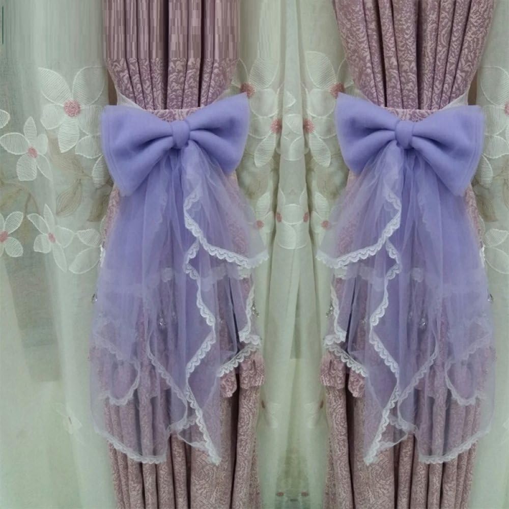 qbodp 2 Pack Bow Curtain Tiebacks Long Lace Ribbon Tie Backs for Drapery, Wedding Venue Decorative Curtain Holdbacks for Girl Room, Light Purple