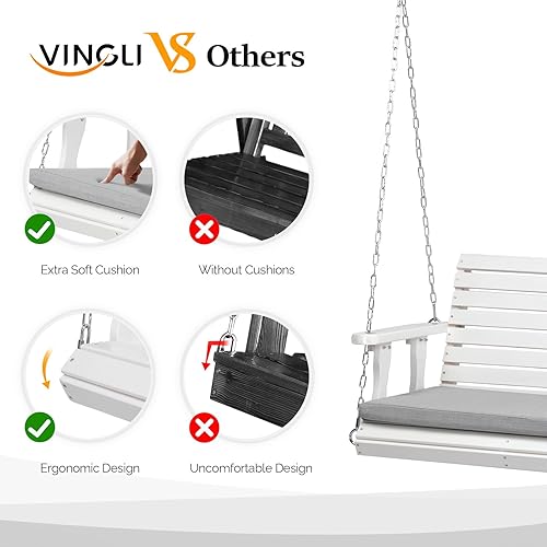 Miniatura 3 de VINGLI Columpio de madera resistente de 880 libras para porche al aire libre con cojín adicional, columpio de banco colgante de granja con cadenas