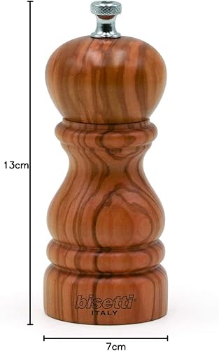 Miniatura 6 de Bisetti Imperia Molinillo de pimienta de madera de olivo de 4 pulgadas con molinillo ajustable